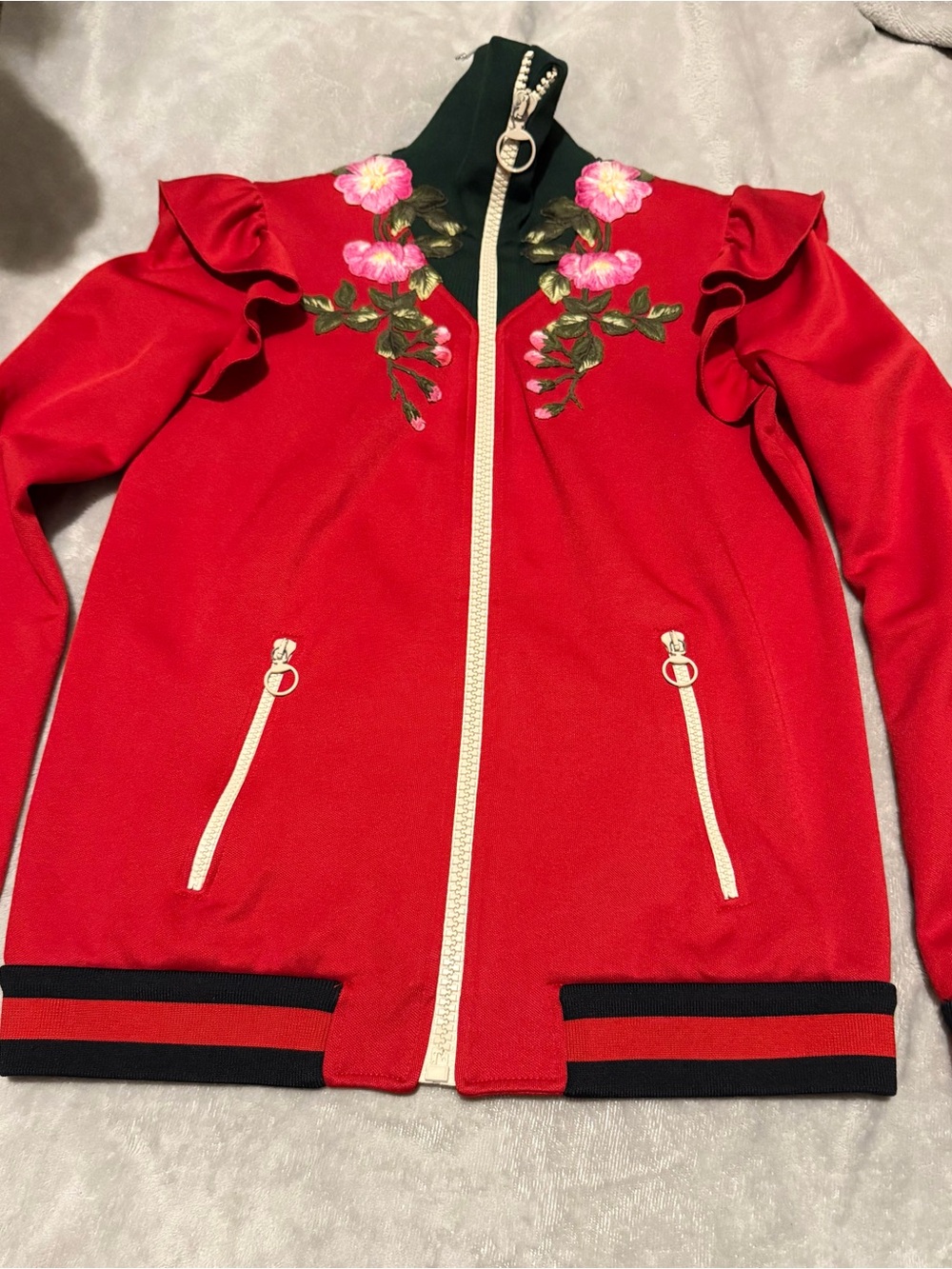 Gucci Red Embroidered Ruffle-Shoulder Bomber Jacket - Picture 5 of 11